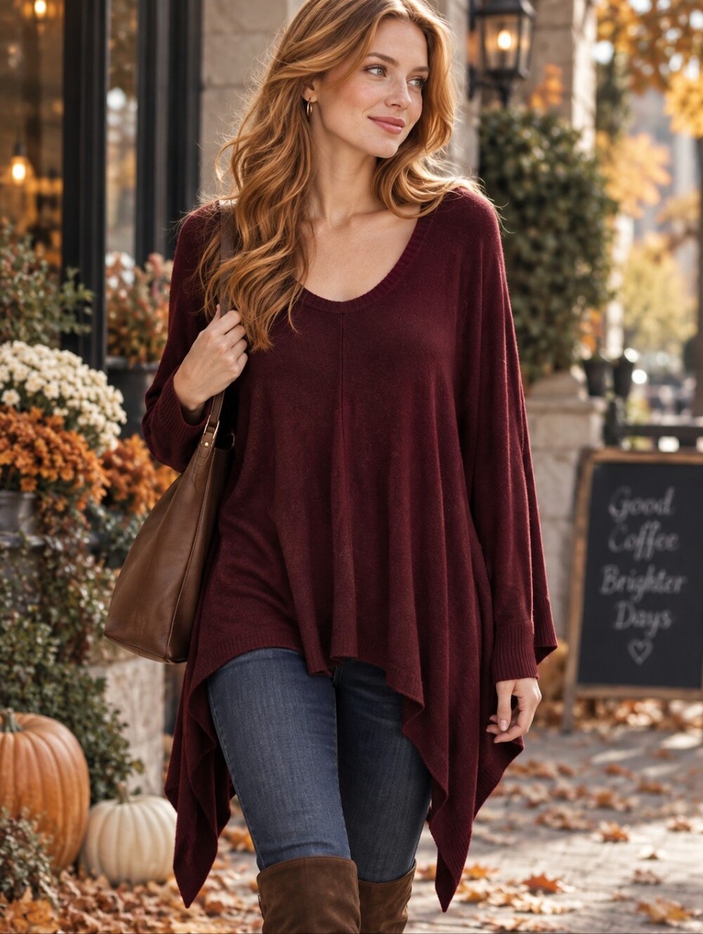 Neiman Marcus Flowy Maroon Long Sleeve Drape Poncho Top Size Large